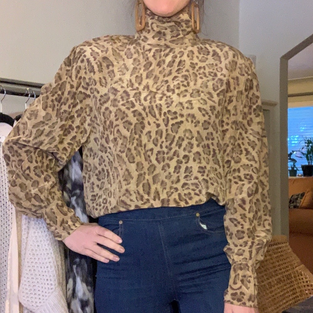 Vintage Cheetah Animal Print Silk Mock Neck Blouse
